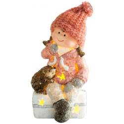 Decoratiune iarna, polirasina, fata cu arici asezati pe taburet, LED, 10.5x10.5x19.5 cm MART-8090949
