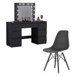 Masa de toaleta/machiaj + scaun stil scandinav, Artool, Vanessa, negru, cu oglinda si LED-uri, 130x43x143 cm MART-138994+3591_1