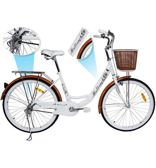 Bicicleta de Oras MalTrack White Caffe, Roti 26 Inch, Cos Cumparaturi si Motive Florale