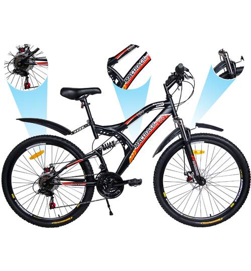 Bicicleta MTB MalTrack Target Red cu 18 Viteze, Amortizor, Roti 26 Inch, Mountain Bike