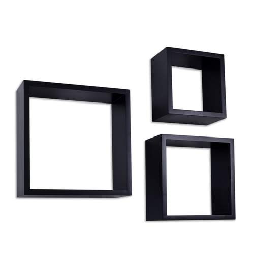 Set 3 Rafturi de Perete Cube Quad Patrate, Dimensiuni Diferite, Culoare Negru