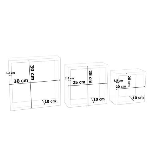 Set 3 Rafturi de Perete Cube Quad Patrate, Dimensiuni Diferite, Culoare Negru