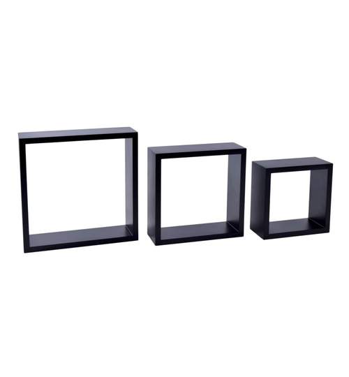 Set 3 Rafturi de Perete Cube Quad Patrate, Dimensiuni Diferite, Culoare Negru