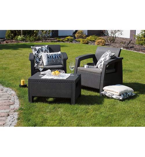 Set Masuta cu 2 Fotolii Rattan pentru Curte, Gradina sau Terasa, Rezistente UV, Culoare Gri Inchis