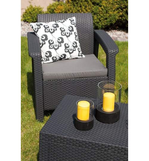 Set Masuta cu 2 Fotolii Rattan pentru Curte, Gradina sau Terasa, Rezistente UV, Culoare Gri Inchis