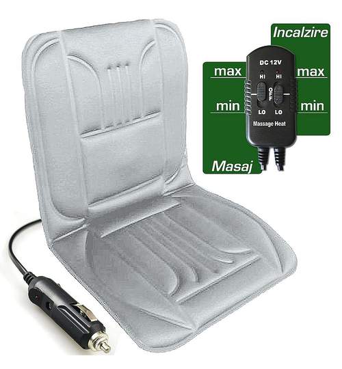 Husa Scaun Auto pe Gri cu 3 Motorase Masaj + Incalzire 2 Trepte 12V