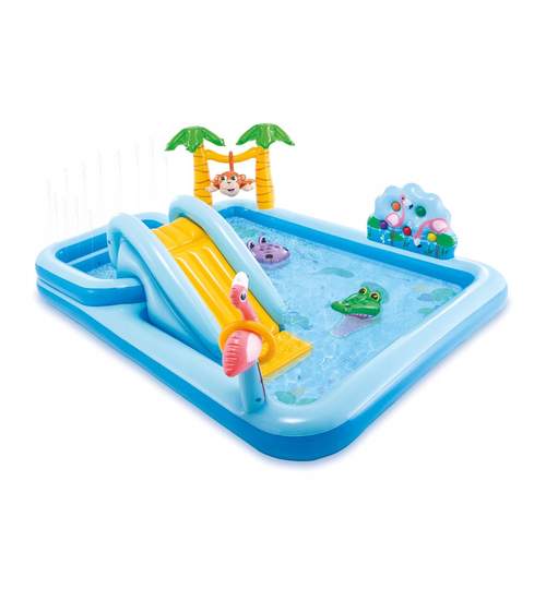 Piscina Gonflabila Intex pentru Copii, Jungle cu Tobogan si Jucarii Gonflabile, Capacitate 550L