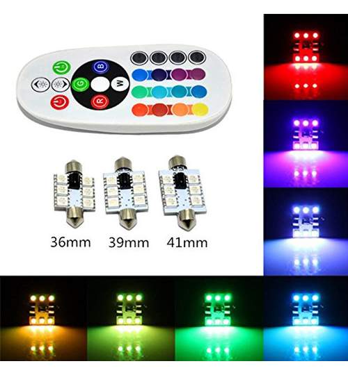 Bec SOFIT 41MM. RGB CU TELECOMANDA - 6 LED SMD 5050 RGB 12V (pret/set) ManiaCars