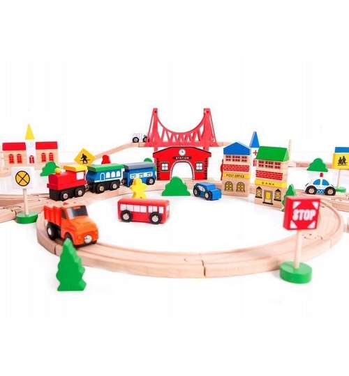 Set Joc Pista din Lemn cu tren, masinute si accesorii pentru fete sau baieti, 90 piese