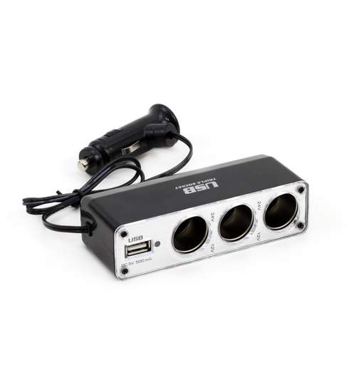 Priza bricheta auto tripla, 12V/24V, cu port USB