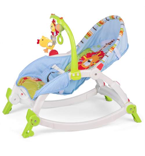 Balansoar si scaun reglabil 2 in 1 Ricokids, cu vibratii, centru de activitati cu jucarii, culoare albastru