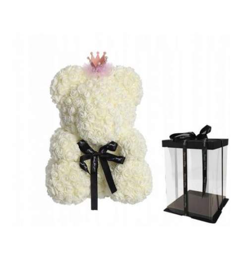 Ursulet floral BIG 40 cm Queen DeLuxe Alb cu fundita, cu coronita + cutie de cadou ManiaMagic