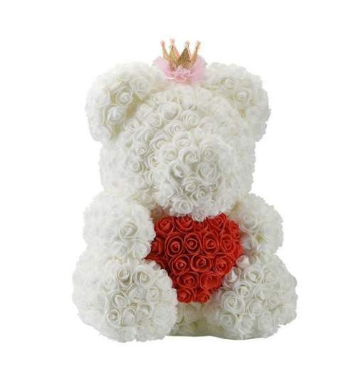 Ursulet Floral BIG 40 cm DeLuxe Queen Alb cu Inimioara Rosie cu coronita + cutie de cadou ManiaMagic