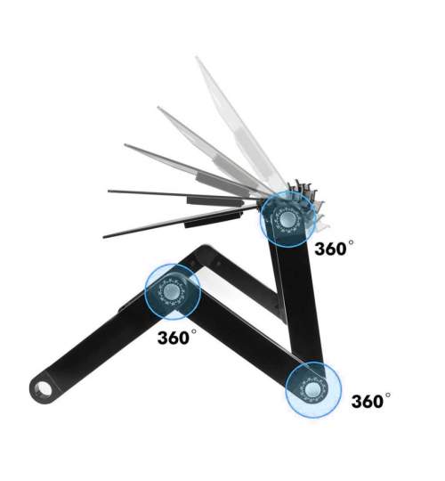 Masuta din aluminiu pentru laptop, cooler incorporat, picioare pliabile si unghi reglabil, cu suport lateral pentru mouse, Culoare Negru