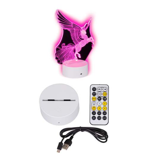 Lampa de veghe 3D LED cu telecomanda Unicorn cu aripi, 7 culori, 23cm