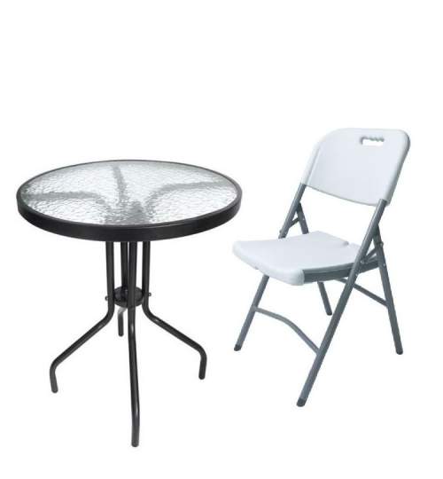 Set Scaun Pliabil si Masa Rotunda cu Blat din Sticla pentru Curte, Gradina, Terasa sau Balcon, Diametru 60cm