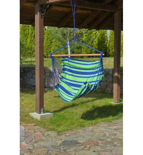 Hamac Brazilian tip Scaun Suspendat, 100x100cm, Verde/Albastru, cu suport metalic, inaltime 210 cm, capacitate 130kg