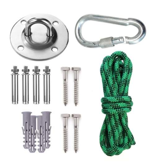 Kit montare hamac sau leagan, cu franghie si accesorii, fixare in tavan, lemn sau beton, 200kg