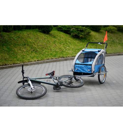 Carucior dublu. Remorca Bicicleta pentru Transport Copii 2in1. cu Roti gonflabile. Amortizor. Maner si iluminare LED. Albastru