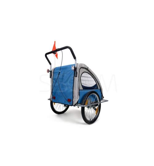 Carucior dublu. Remorca Bicicleta pentru Transport Copii 2in1. cu Roti gonflabile. Amortizor. Maner si iluminare LED. Albastru