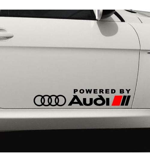 Set Stickere auto caroserie Powered by Audi, scris alb, 2buc