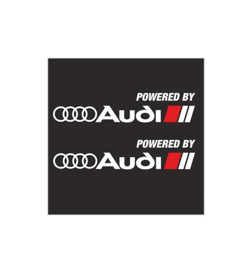 Set Stickere auto caroserie Powered by Audi, scris alb, 2buc