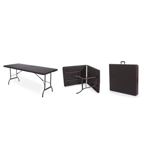 Set masa pliabila  tip valiza, Dimensiuni 180x75cm, Culoare Maro si 4 scaune pliabile, 82x46x56, culoare negru