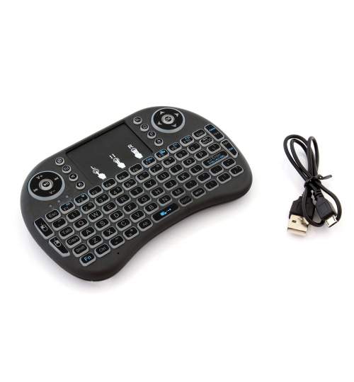 Mini Tastatura Wireless Iluminata, cu Touchpad, pentru PC, SmartTV, PlayStation sau Smartphone, 92 taste, raza 10m