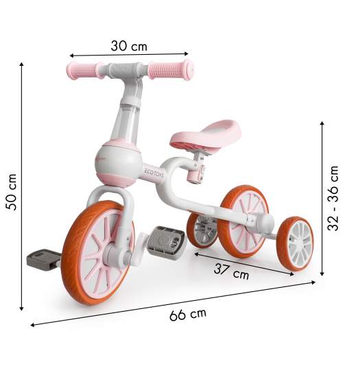 Bicicleta pentru copii 4in1, cu pedale si roti ajutatoare detasabile, alb/roz