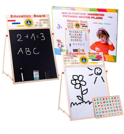 Tabla magnetica 2in1 educativa pentru copii, cu abac, creta, magneti si marker, 63.5 x 47 cm