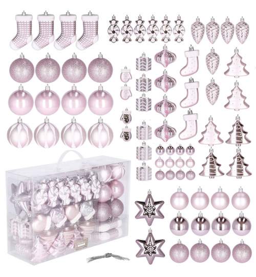 Set 77 Globuri Decoratiuni de Craciun pentru Brad, din Plastic, Roz perlat