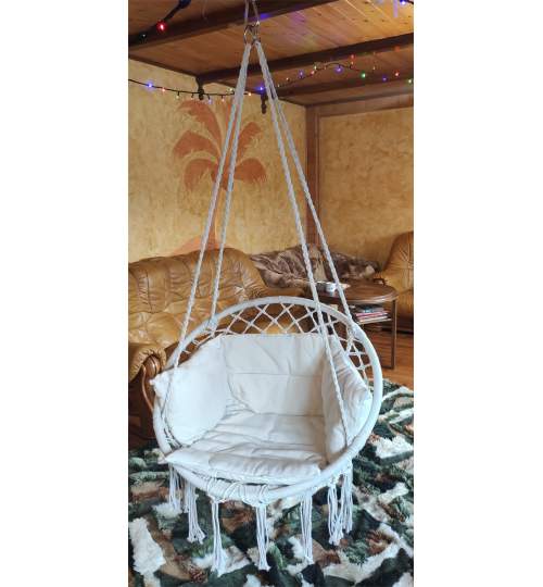 Leagan balansoar rotund suspendat pentru casa sau gradina, cu perna si franjuri, 80x60 cm, 120kg, ecru