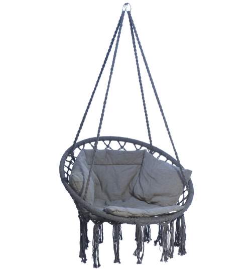 Leagan balansoar rotund suspendat pentru casa sau gradina, cu perna si franjuri, 80x60 cm, 120kg, gri