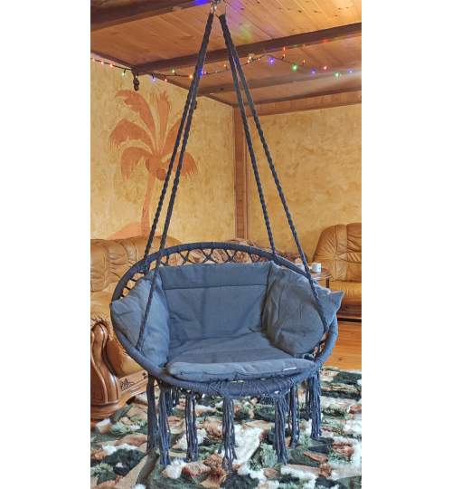 Leagan balansoar rotund suspendat pentru casa sau gradina, cu perna si franjuri, 80x60 cm, 120kg, gri