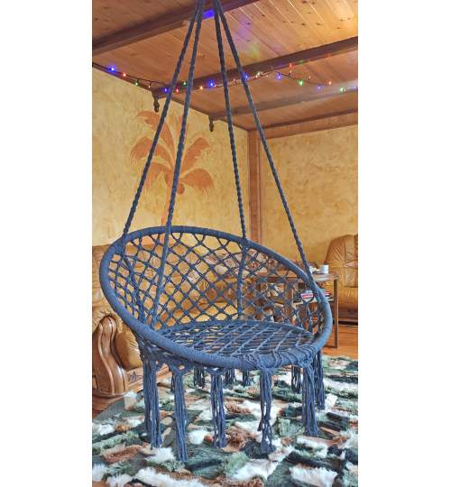 Leagan balansoar rotund suspendat pentru casa sau gradina, cu perna si franjuri, 80x60 cm, 120kg, gri