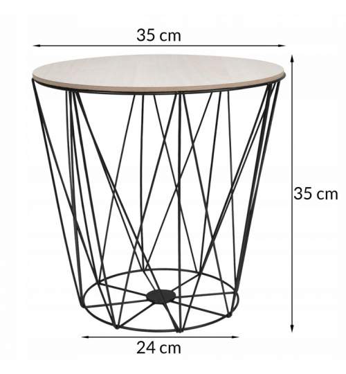 Masuta de cafea rotunda din MDF cu cadru metalic, inaltime 35 cm, diametru 35 cm, natur/negru