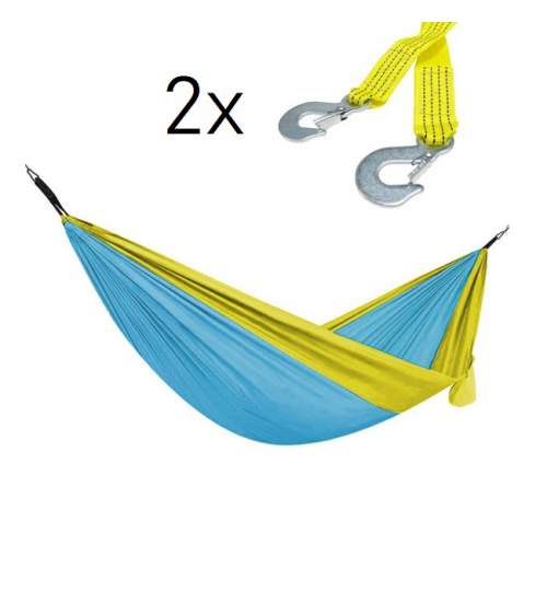 Hamac Ultra Light XXL pentru gradina sau camping, 290x137cm, albastru/galben, cu 2x Franghie suspendare hamac, lungime 1 m, carlige prindere metal