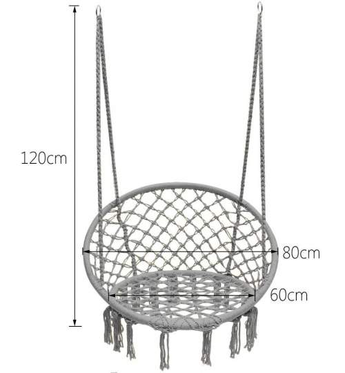 Scaun tip Leagan rotund suspendat pentru casa sau gradina, cu franjuri, 150kg, gri Cu Kit accesorii montare, format din sfoara, carlig de prindere si 2 carabine