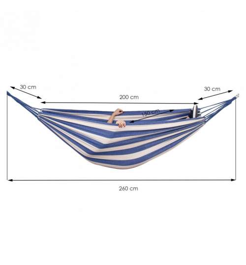 Hamac dublu XXL, pentru curte sau gradina, 150x200 cm, 200kg, alb/albastru cu Set 2 x Kit accesorii montare hamac, format din sfoara si 2 carabine otel