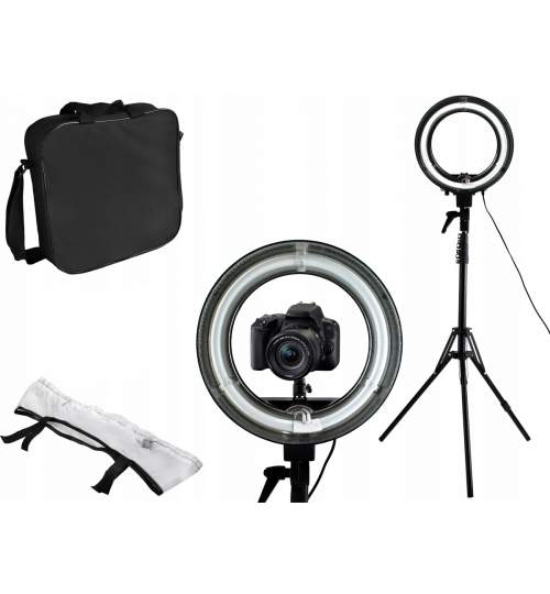 Set Foto Lampa Circulara 5600K + Trepied cu Inaltime Reglabila si sistem prindere pentru suport telefon sau camera video