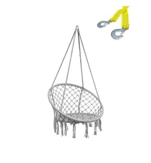 Leagan tip scaun rotund suspendat Boho XXL, cu franjuri, 60cm, 120kg, gri, cu Franghie suspendare hamac, lungime 3 m, carlige prindere metal MPL5-BRASIL-GRAY-A34