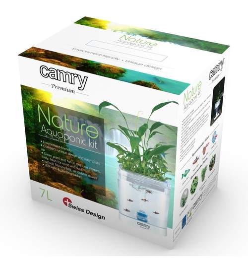 Set Natura Decorativ Acvariu Pesti cu Iluminare LED, Aerator, Filtru si Suport Flori, Camry