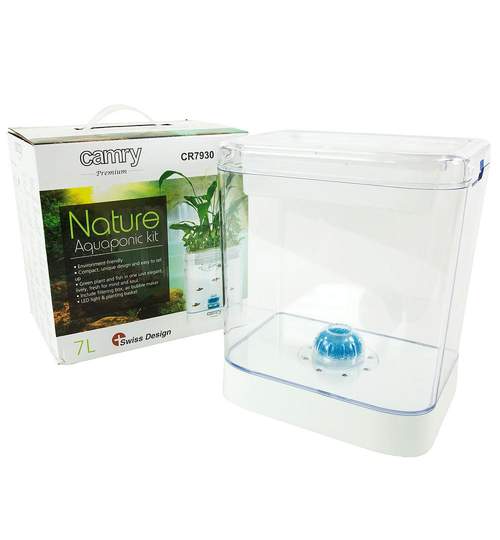 Set Natura Decorativ Acvariu Pesti cu Iluminare LED, Aerator, Filtru si Suport Flori, Camry