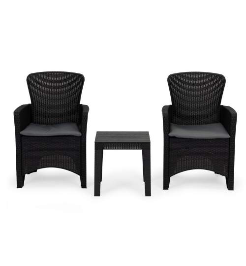 Set Masuta cu 2 Fotolii ModernHome din Rattan pentru Terasa, Curte sau Gradina, 2 perne incluse, Culoare Negru