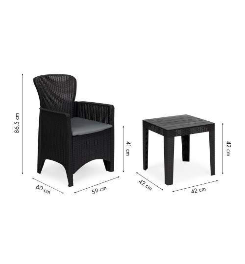 Set Masuta cu 2 Fotolii ModernHome din Rattan pentru Terasa, Curte sau Gradina, 2 perne incluse, Culoare Negru