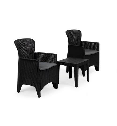 Set Masuta cu 2 Fotolii ModernHome din Rattan pentru Terasa, Curte sau Gradina, 2 perne incluse, Culoare Negru