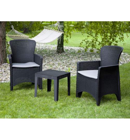 Set Masuta cu 2 Fotolii ModernHome din Rattan pentru Terasa, Curte sau Gradina, 2 perne incluse, Culoare Negru