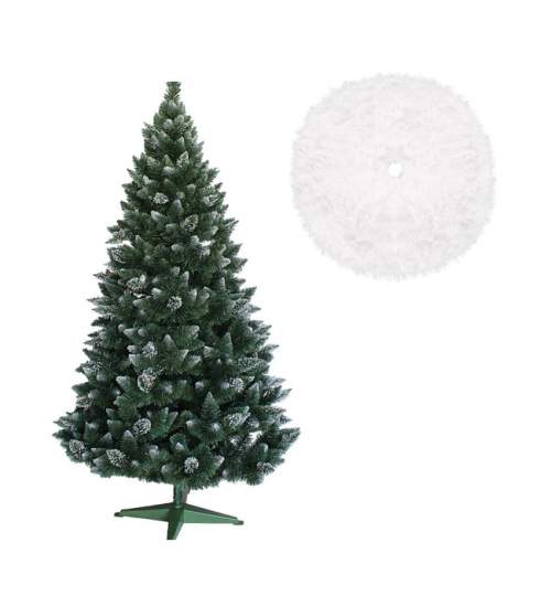 Brad de Craciun Artificial Verde Nevada cu Zapada pe Varfuri si Conuri 150 cm, cu Suport si Covor rotund imitatie blana, diametru 120 cm, prindere Velcro, alb