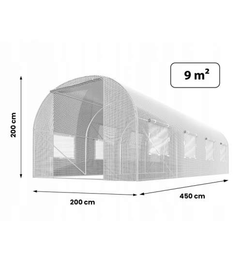 Solar Sera 9mp pentru Gradina cu 6 Ferestre Laterale, Plase de Tantari si Cadru din Otel, Dimensiuni 4.5x2x2m, alb