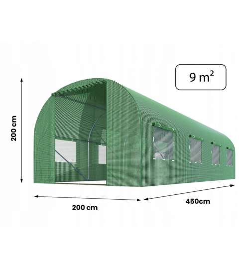 Solar Sera 9mp pentru Gradina cu 8 Ferestre Laterale, Plase de Tantari si Cadru din Otel, Dimensiuni 4.5x2x2m, verde